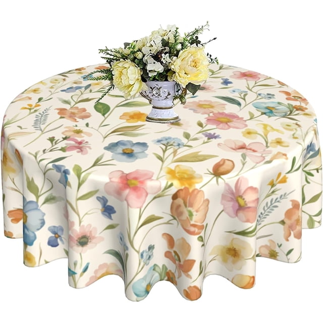 Spring Round Tablecloth 60 Inch Watercolor Flowers Table Anti-Wrinkle Waterproof Wipeable Table Cover for Home Dining Room Season Decorations