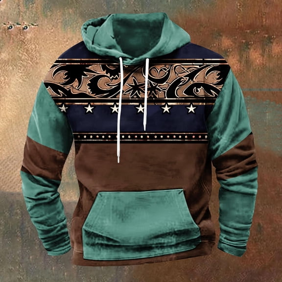 ersvoioy Mens Hoodies Pullover Vintage Print Long Sleeve Hooded Sweatshirt with Pocket Regular Fit Cotton Blend Soft Fleece Casual Fall Winter Retro Style Streetwear Fashion Graphic Top