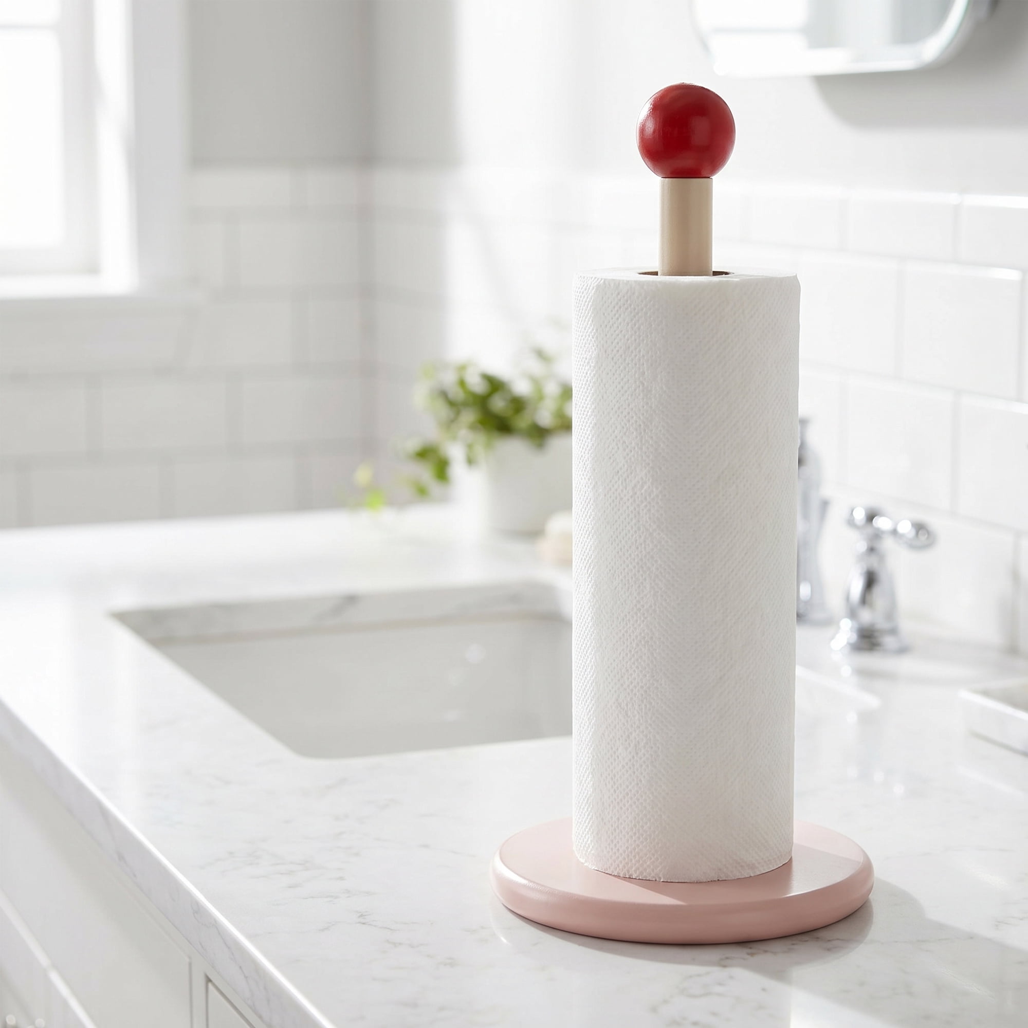 Unique Bargains Paper Towel Holder Countertop Weighted Base Dispenser Wood Pink 12x5.9in