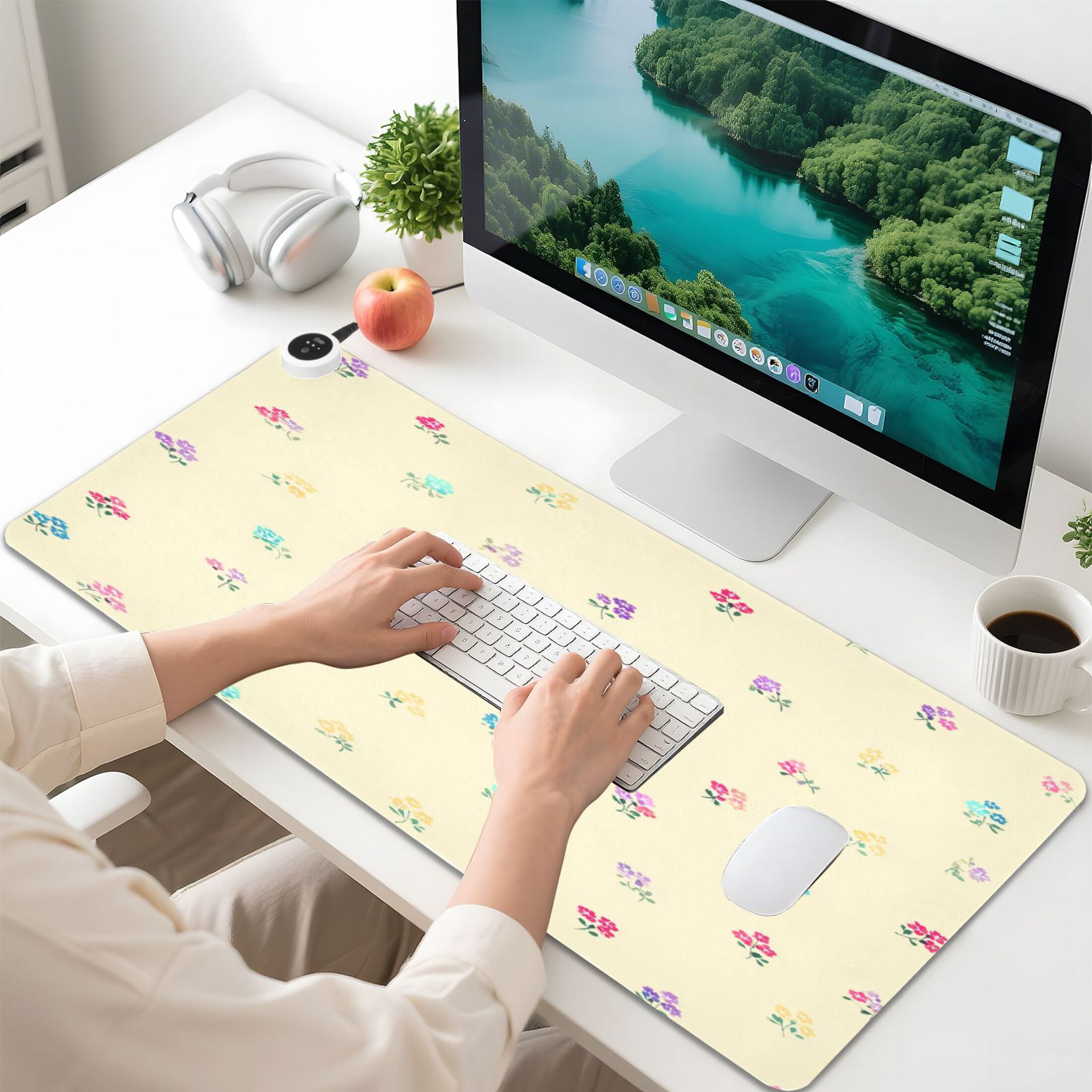 Large Heated Desk Mat Mouse Pad 31.5"x13"PU Leather Graphene Heating Desk Warmer with 3 Temperature Settings 110V US Plug Non-Slip Warm Pad for Home, Office, and Gaming Spring Ditsy Wildflowers Print