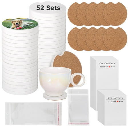 52 Sets Sumblimation Ceramic Car Coasters, DIY Ceramic Vehicle Coaster with Adhesive Cork Pad, Absorbent, Heat-Resistant, Reusable, Blank Cards & Package Bags for DIY Projects Favors