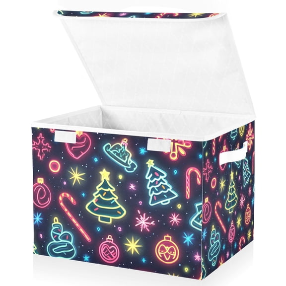 Yayeee Collapsible Cube Storage Bin with Lid Fabric Closet Decorative Basket with Handles, Neon Christmas