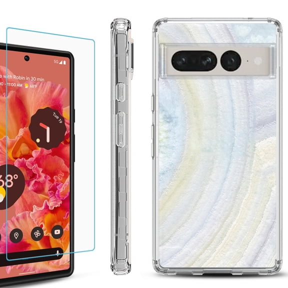 Shockproof Bumper Phone Case for Google Pixel 7 Pro, with Tempered Glass Screen Protector, by OneToughShield ® - Marble / Rainbow