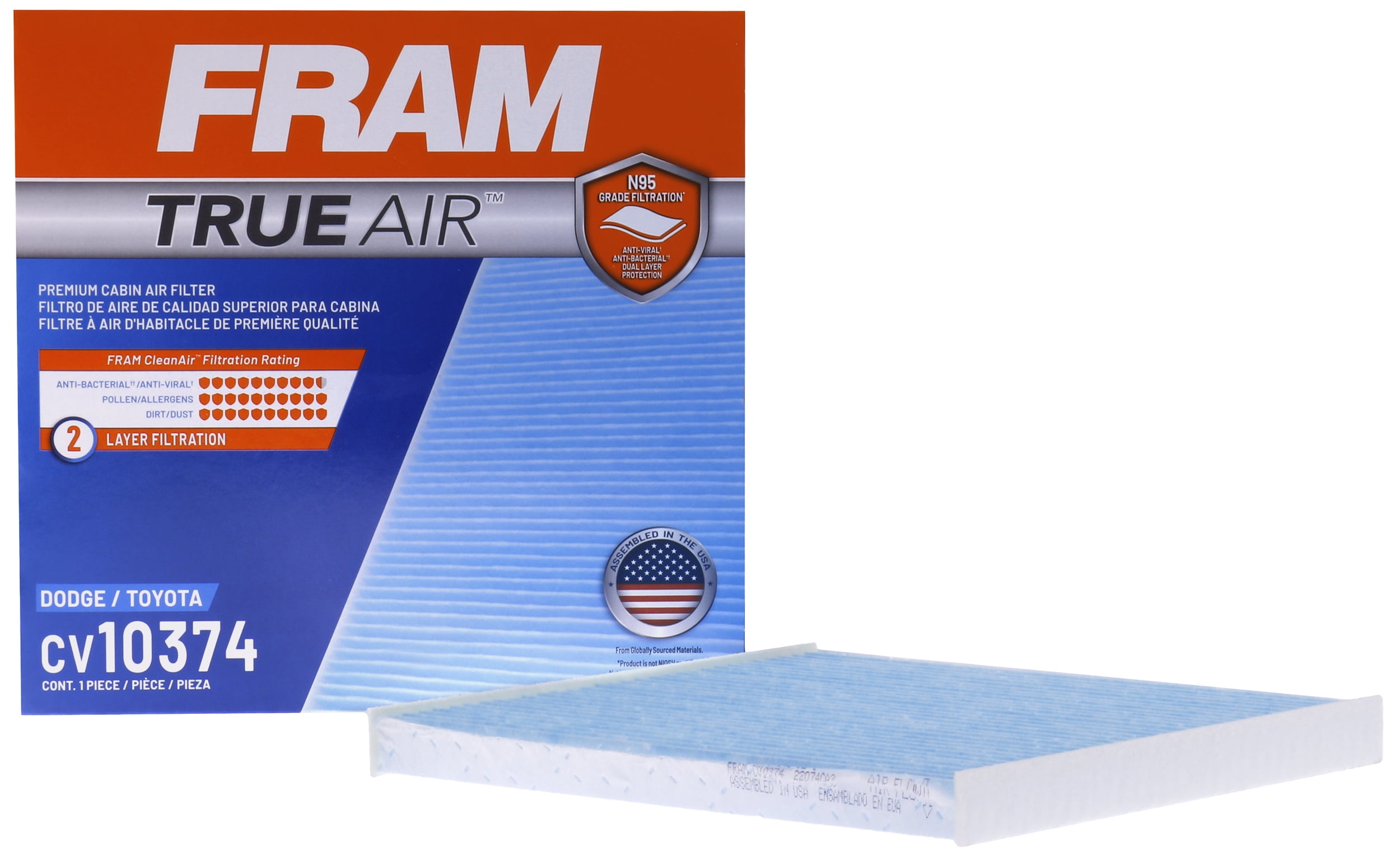 (2 pack) FRAM CV10374 TrueAir Premium Cabin Air Filter with N95 Grade Filter Media for Select Dodge and Toyota Vehicles