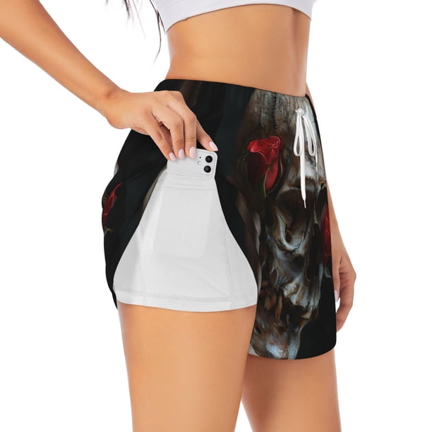 Balery Realistic Rose Skull Pantalones cortos deportivos para mujer con forro y dos bolsillos, elásticos, para entrenamiento, gimnasio, yoga-Small