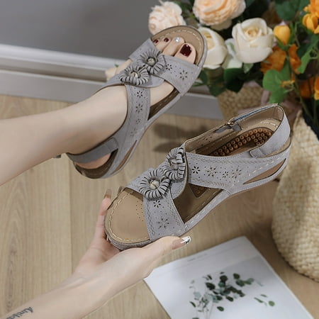 

Aayomet Women s Heeled Sandals Summer Fashion Women Flowers Casual Open Toe Wedges Massage Soft Bottom Breathable Hook Loop Gray 8