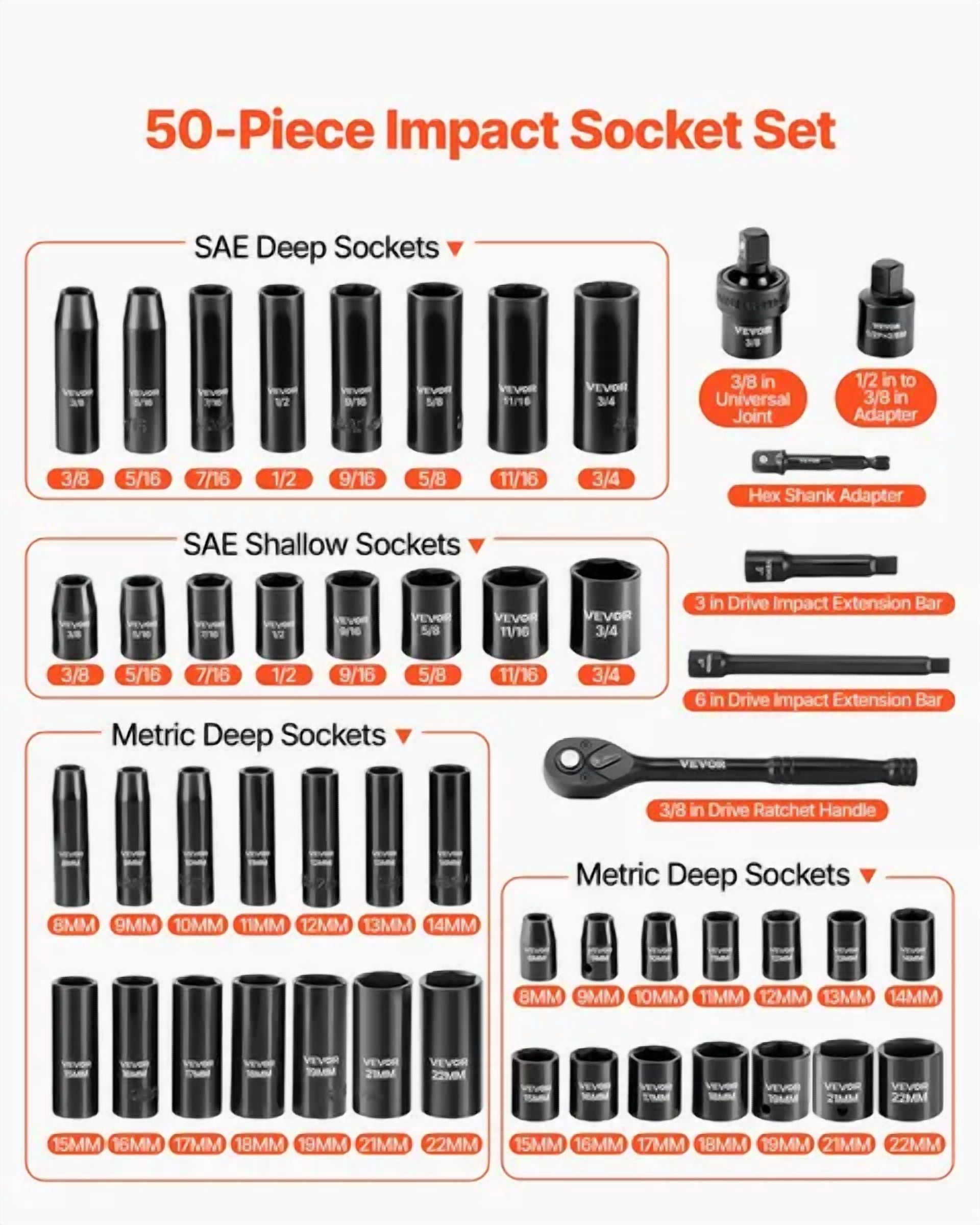 50-Piece 3/8" Drive Impact Socket Set with Deep&Shallow 6 Point Sockets,SAE&Metric Sizes,Cr-V Steel,Includes Extension Bars&Case