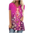 thumbnail image 1 of Camiseta Impresa con Cuello en V de Manga de Raglan de la Parte Trasera Larga Delantera Corta de las Mujeres de Navidad, Vacaciones Informales, 1 of 5