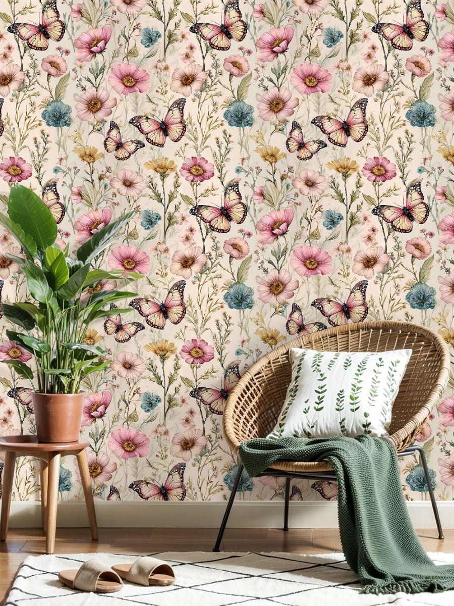 Peel and Stick Wallpaper Delicate Pink Blue Floral Butterflies Botanical Spring Wall Mural 17.7in x 9.8ft Self Adhesive Removable Wall Paper Renter Friendly Wallpaper for Nursery Bedroom Cabinets
