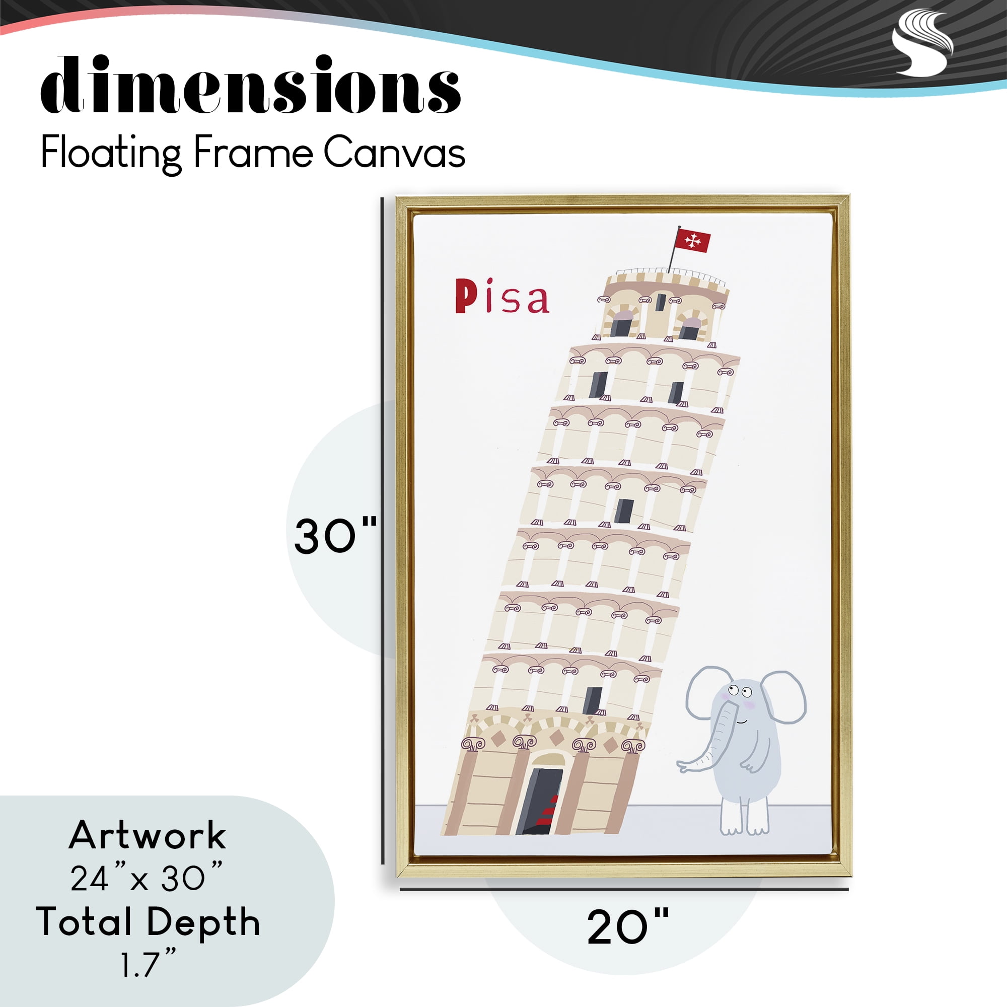 Elephant & Leaning Tower Pisa Gold Framed Floater Canvas Wall Art, design by Carla Daly