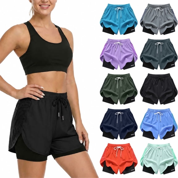 NSLGXD Women's 2-in-1 Running Shorts Elastic Drawstring Waist Double Layer Quick Dry Workout Shorts with Liner and Pockets XS-2XL Black Shorts