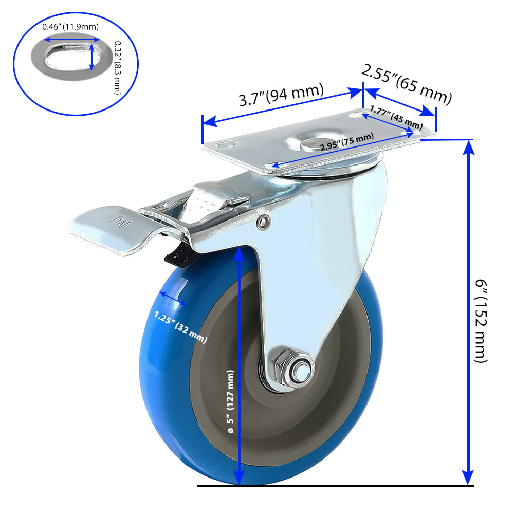 Caster Wheels Swivel Plate Blue Polyurethane Wheels 