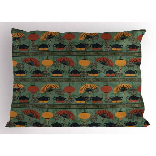 Tea Party Pillow Sham Asian Ethnicity Theme Grunge Bamboo ...