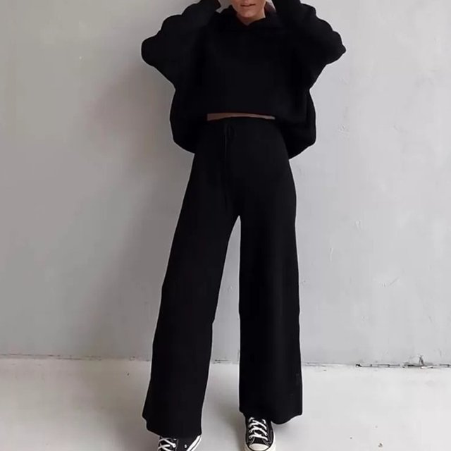 Sudadera Conjunto a juego de 2 piezas para mujer, sudadera con capucha tejida a la moda, pantalón, traje deportivo, trajes para correr Cgtredaw Negro S para Mujer