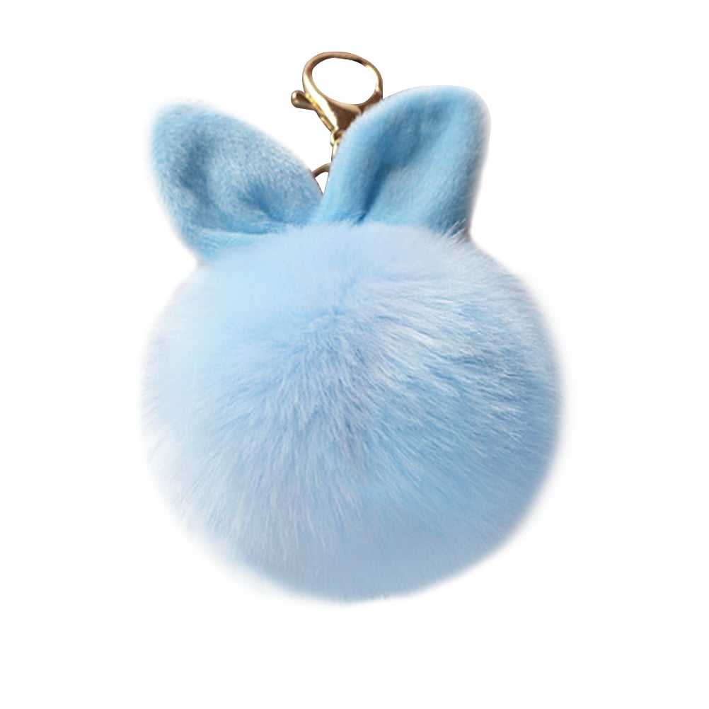 12 Cm Rabbit Ears Fur Ball Bag Charms With Golden Keyring Pom Pom