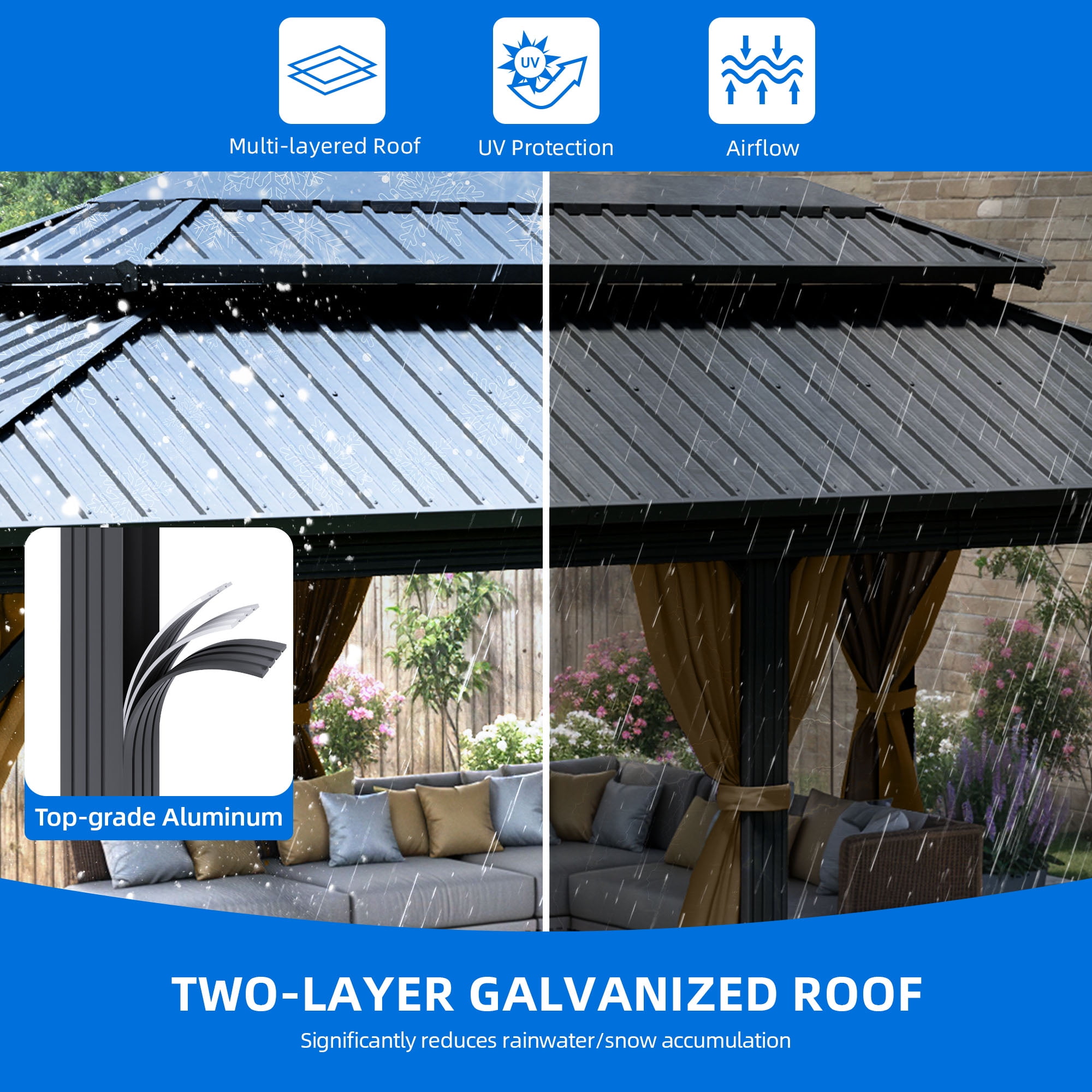 Dextrus 12x18ft Outdoor Hardtop Gazebo with Netting & Brown Curtains,Double Roof Outdoor Galvanized Iron Aluminum Frame Garden Tent for Patio, Backyard, Black&Brown