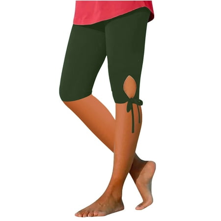 Pxkloy Capri Leggings for Women Tummy Control High Waisted Yoga Shorts Summer Stretch Tight Leggings Capri Pant with Bow-Knot Army Green XL