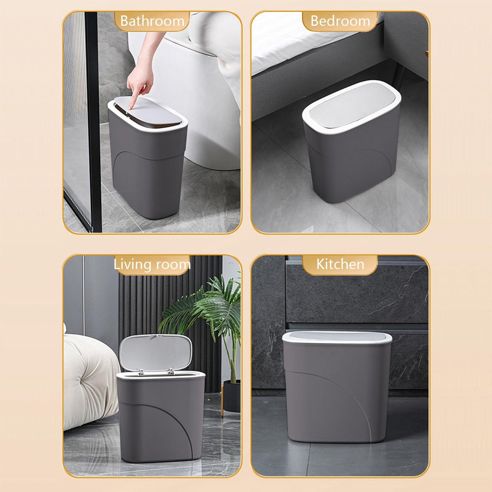Bilqis Bathroom Trash Can with Lid, Plastic Wastebasket with Pop-Up Lid, Slim Plastic Garbage Bin for Dorm, Office, Bedroom, Kitchen, Living Room