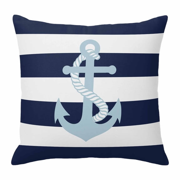 Navy Blue Stripe Nautical Pillow Covers 18x18 Inch, Aqua Anchor Summer Coastal Linen Pillowcase with Invisible Zipper, Decorative Throw Pillow Covers Cushion Case for Couch Sofa Bed Living Room