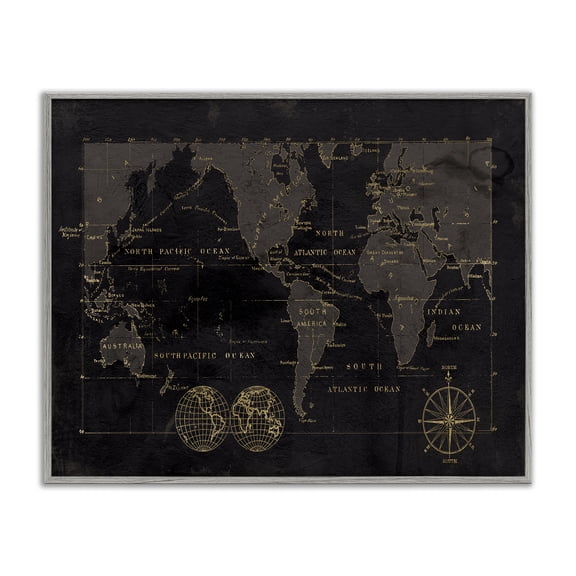 Stupell Industries Traditional Black Detailed World Map Gray Framed Giclee Art, 20 x 16, by Carol Robinson