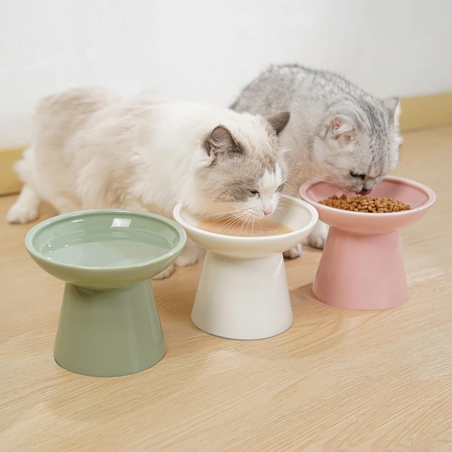 Extra Wide Elevated Ceramic Cat Bowl, 6.2" Shallow Dish for Whisker Fatigue Relief, 5" Height for Easy Feeding, Durable Raised Cat Food Bowls, Pack of 2, Sage Green