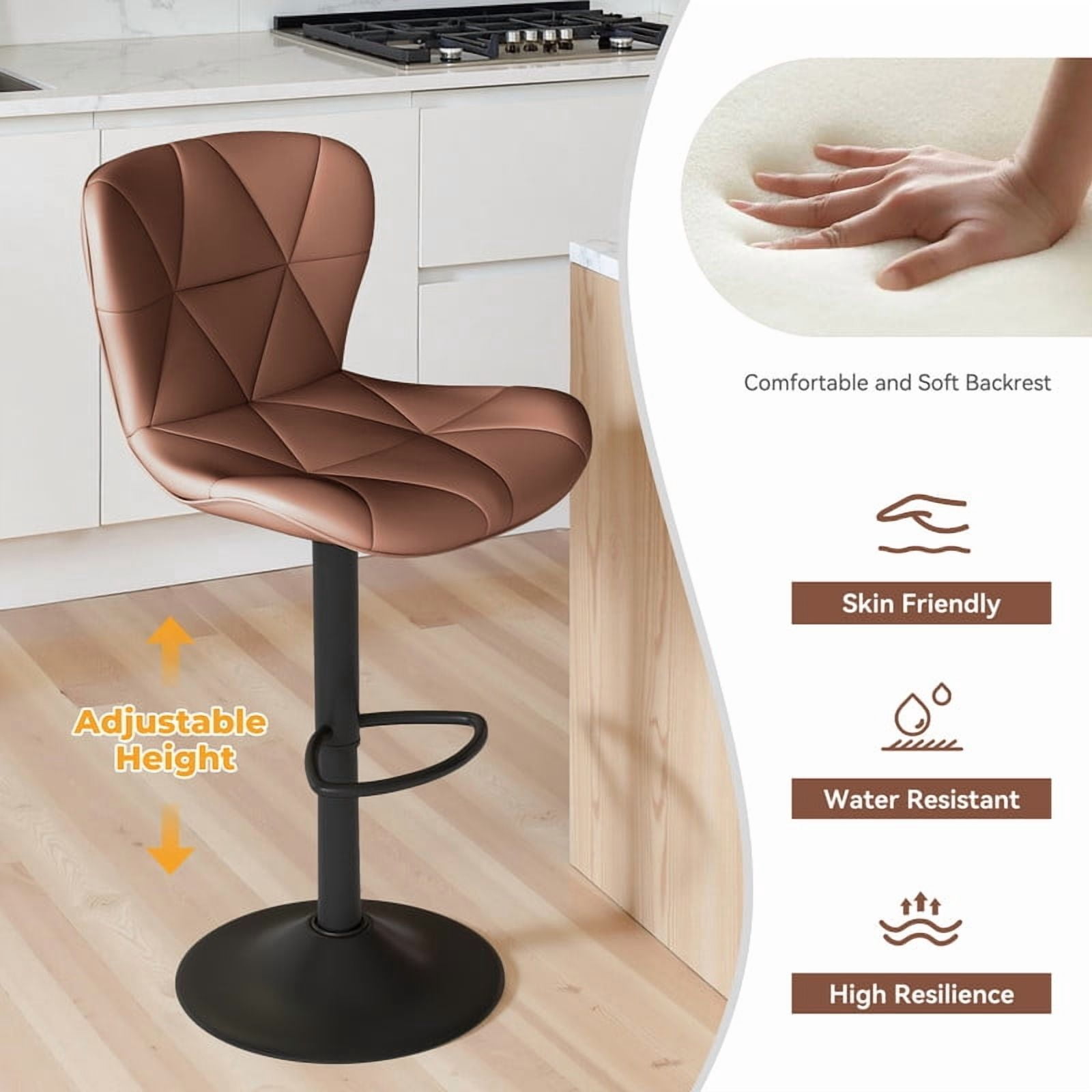 Daluvenix Modern Bar Stools Set of 1, Adjustable Swivel Counter Height Bar Chairs with Back, Faux Leather Upholstered for Kitchen Island, Brown