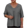 thumbnail image 1 of Savings Clearance! Womens Plus Size Tops,Summer Short Sleeve Blouse Tops for Womens,Women's Solid Color Blouses Raglan Mid Sleeve V-Neck Patchwork Pleated Top, 1 of 5