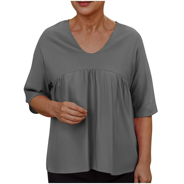 Savings Clearance! Womens Plus Size Tops,Summer Short Sleeve Blouse Tops for Womens,Women's Solid Color Blouses Raglan Mid Sleeve V-Neck Patchwork Pleated Top