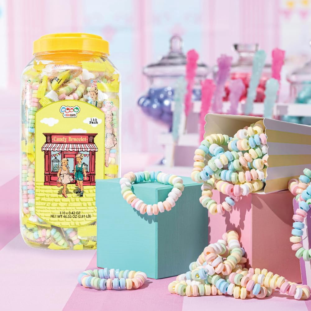 110 Candy Bracelets Individually Wrapped, Vintage Candy Jewelry for Kids, Perfect Pastel Addition to your Buffet, Princess-Themed Goody Bags, by 4YoreElves, Pack of 110 x 0.4