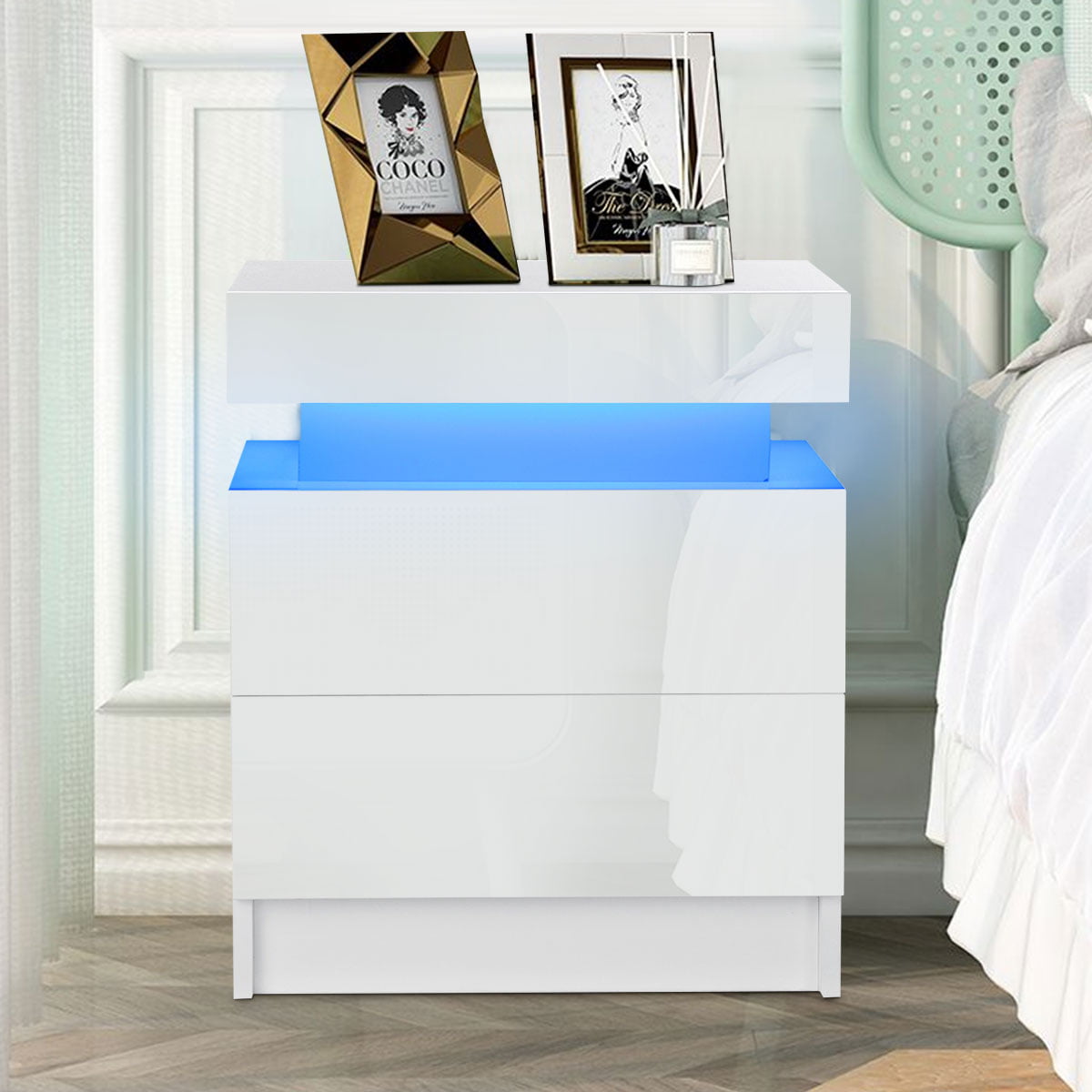 (Set of 2) 2 Drawer Nightstand with LED Lights, White High Gloss