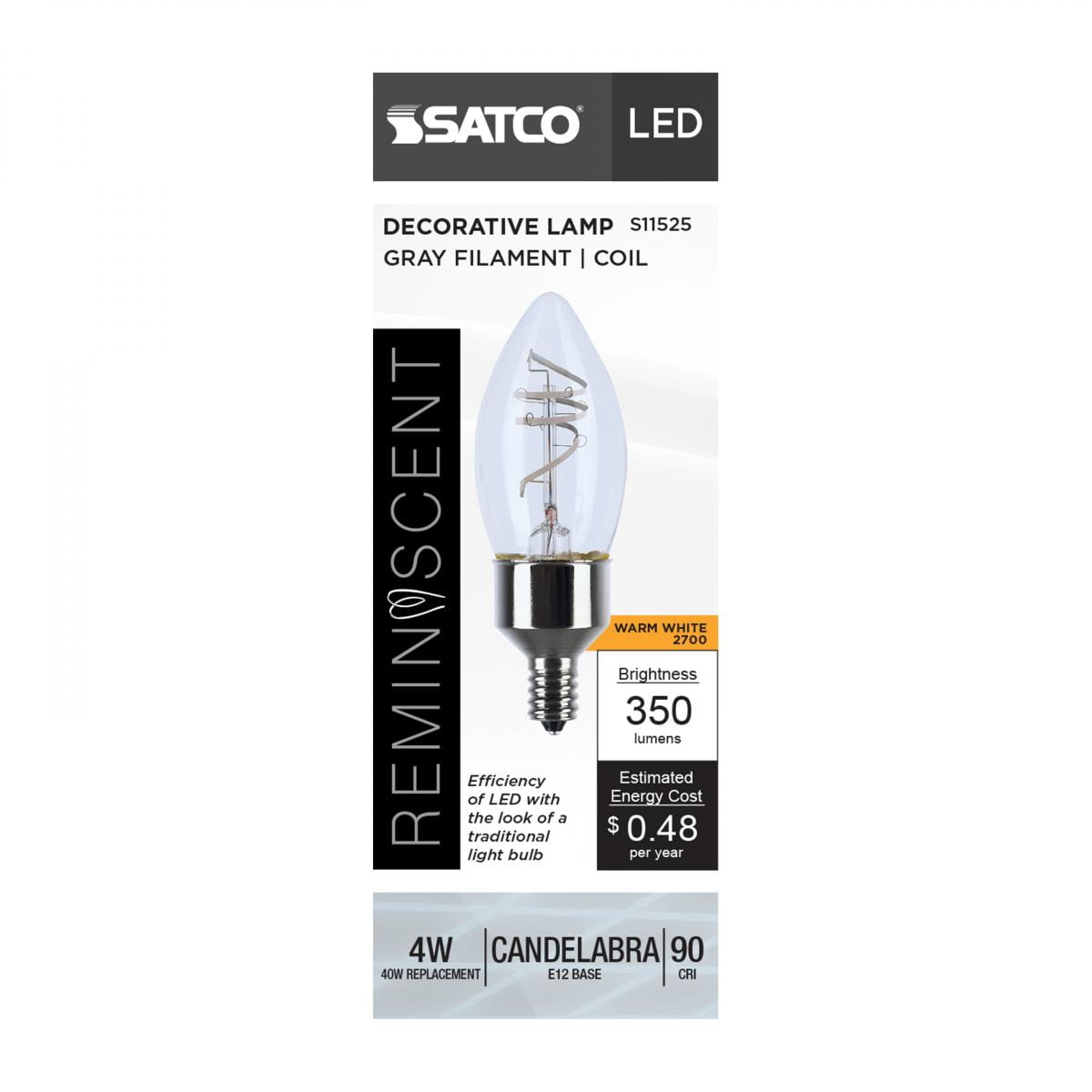 Satco S11525 B11 LED Light Bulbs 4W 120V 2700K E12 Candelabra Base Dimmable (6 Pack)