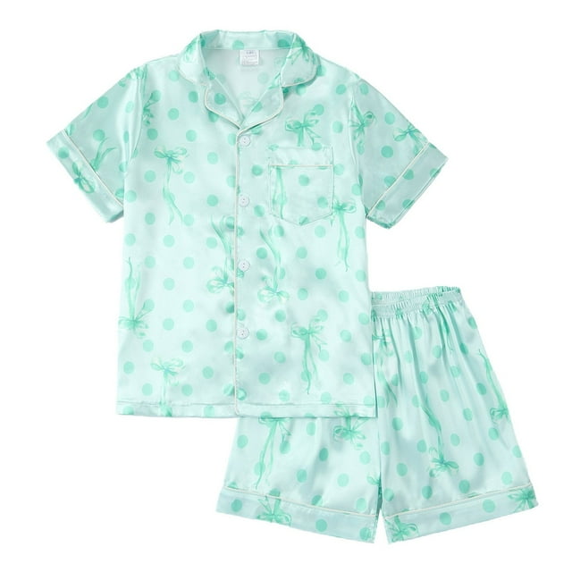 Girls Satin Pajama Short Sleeve Top With Button Front Comfortable Shorts Soft Silk Like Sleepwear Kids