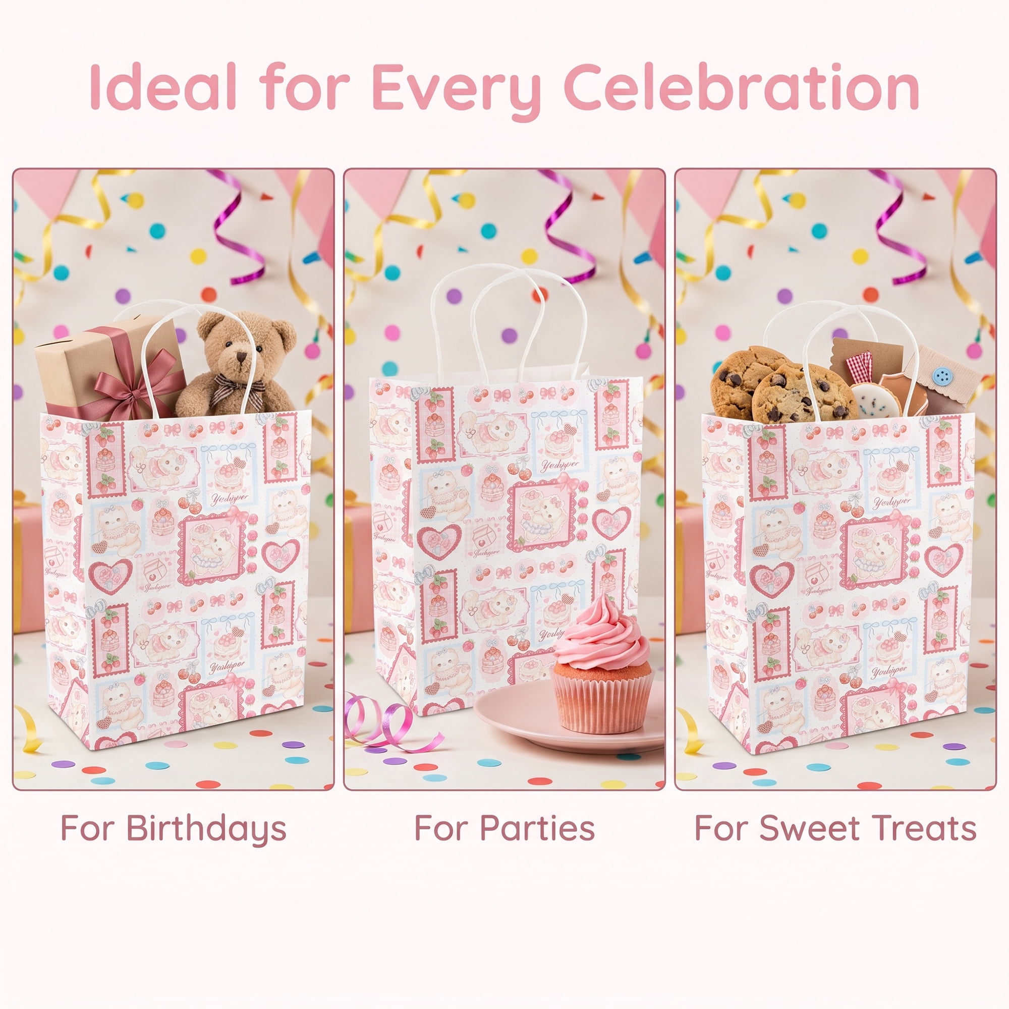 Unique Bargains 6Pcs Thick Cartoon Paper Gift Bags with Handles Cherry 8.3" x 4.3" x 10.6"