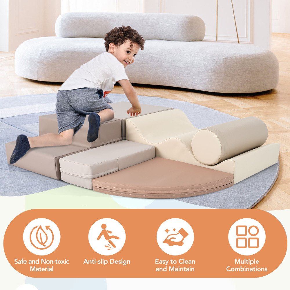 6 in 1 Soft Climb and Crawl Foam Playset for Baby, Toddler Indoor Play Equipment with Ramp, Steps, Wave Mat, Cylinder, EPE Foam,Warm Gray