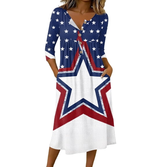 Women's Independence Day 250 Years Anniversary Floral and Flag Print Dress 3/4 Sleeve Button Neck Midi Dress Loose Fit Casual Patriotic Summer USA Flag Dress for Daily Wear Dark Blue L