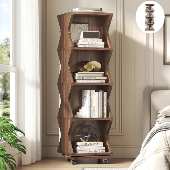 HSH Rotating Bookshelf Tower, 4 Tier Spinning Bookshelf with Storage, 360°Display Revolving Bookcase, Corner Swivel Bookcase for Small Spaces Living Room Bedroom Office, Triangular Appearance, Walnut