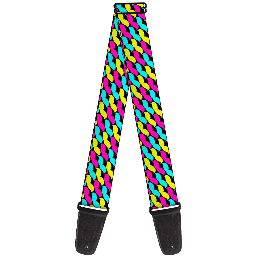 Buckle-Down Guitar Strap, Mustache Monogram Black Fuchsia Turquoise Yellow, 2 Inches Wide