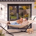 thumbnail image 3 of SUNCREAT Hammocks Extra Large Double Hammock with 12 ft Stand, 475lbs Capacity, Outdoor Portable Hammock with Hardwood Spreader Bar, Extra Large Pillow, Beige, 3 of 9