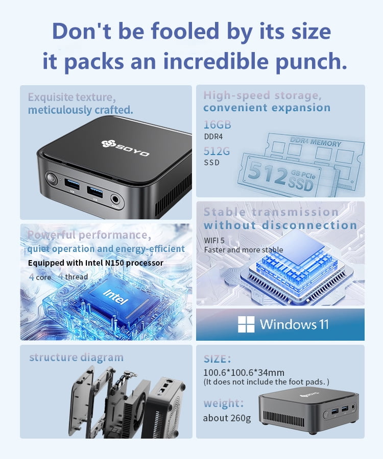 SOYO M4 PLUS2 Intel N150 Mini PC, 8GB DDR4 256GB SSD, HDMI&DP