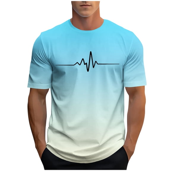 Njagoc3 Mens Ombre EKG Print Short - Sleeve T - Shirt, Regular Fit, Lightweight Fabric, Summer Casual & Fitness, Trendy Graphic Top