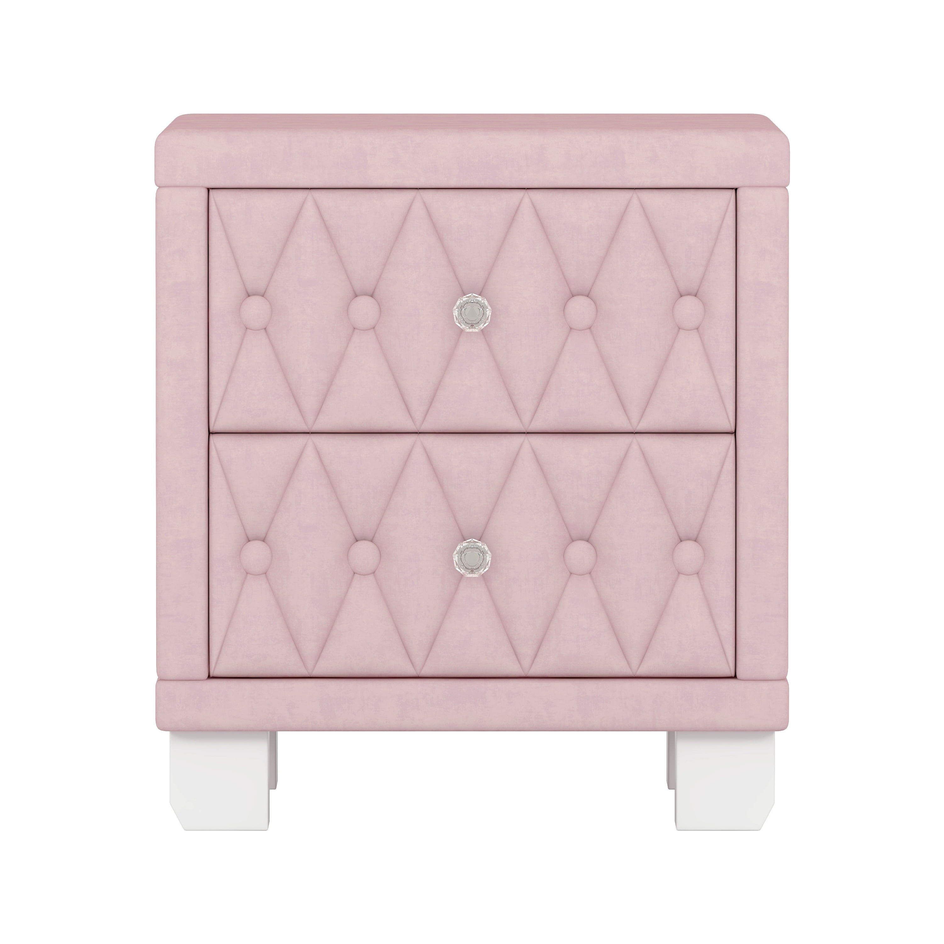 Euroco Velvet Nightstand with 2 Storage Drawers and Crystal Handle,Bedside Table End Table with Button-Tufted for Bedroom Living Room,Pink