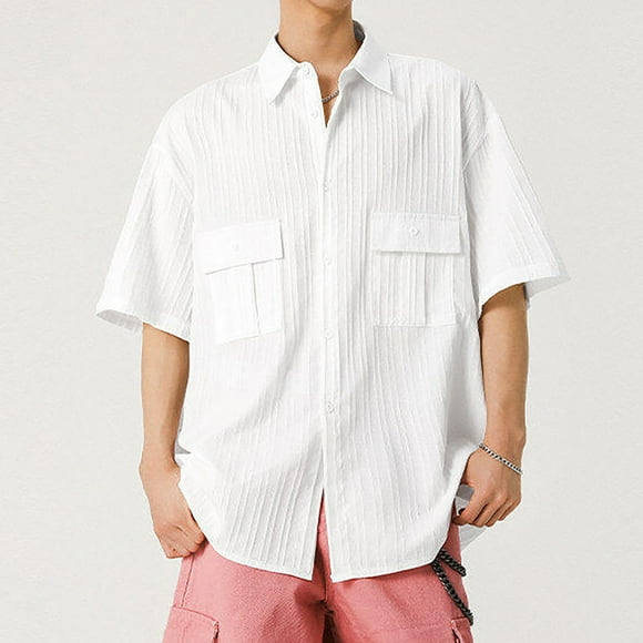 Mareep T-Shirt for Men's M-3XL Men's Vintage Casual Wrinkle Button Lapel Fashion Pocket Long Sleeve Shirt Summer Clothing Clearance