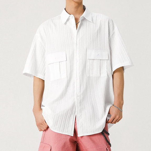 SGFCWSX Men's Short Sleeve Button Up Shirt Oversized Textured Stripe Loose Fit Casual Pocket Shirt for Streetwear Beach Summer White Size 2XL