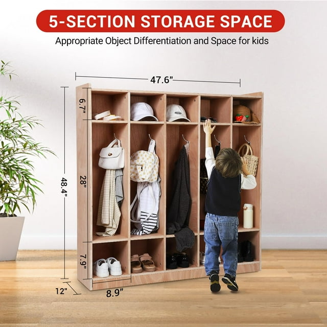 BeesClover 5-Section Classroom Coat Locker, 10 Cubbies for Classrooms, Daycare Cubby with 4 Casters, 5 Hooks and 2 Storage Boxes, for Home, School