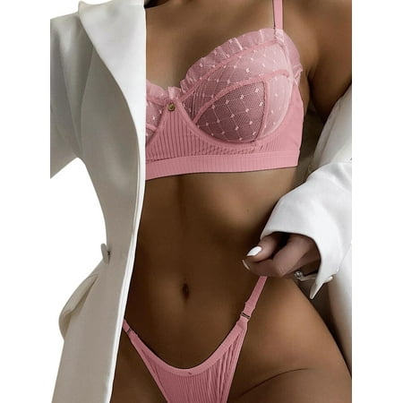 

SpringTTC Womens Sexy Sheer Unlined Bra Set with Thongs Lingerie Sets Underwear