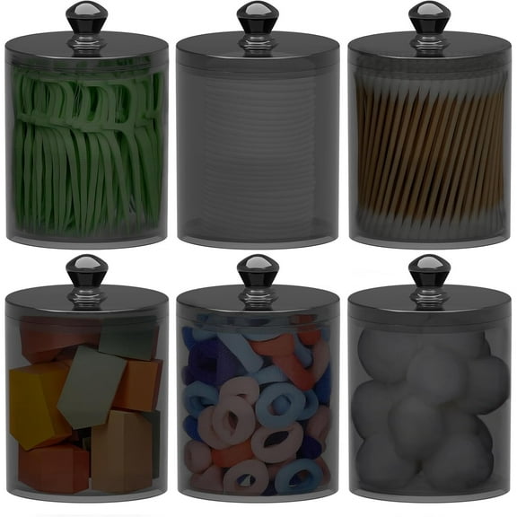 Qtip Holder 6 Pack, Acrylic Q-tip Dispenser for Cotton Pads, Swabs, Balls, Storage Containers for Organizing, Bathroom Canisters with Lid, Apothecary Jars Home Decor Accessories Set (Black)