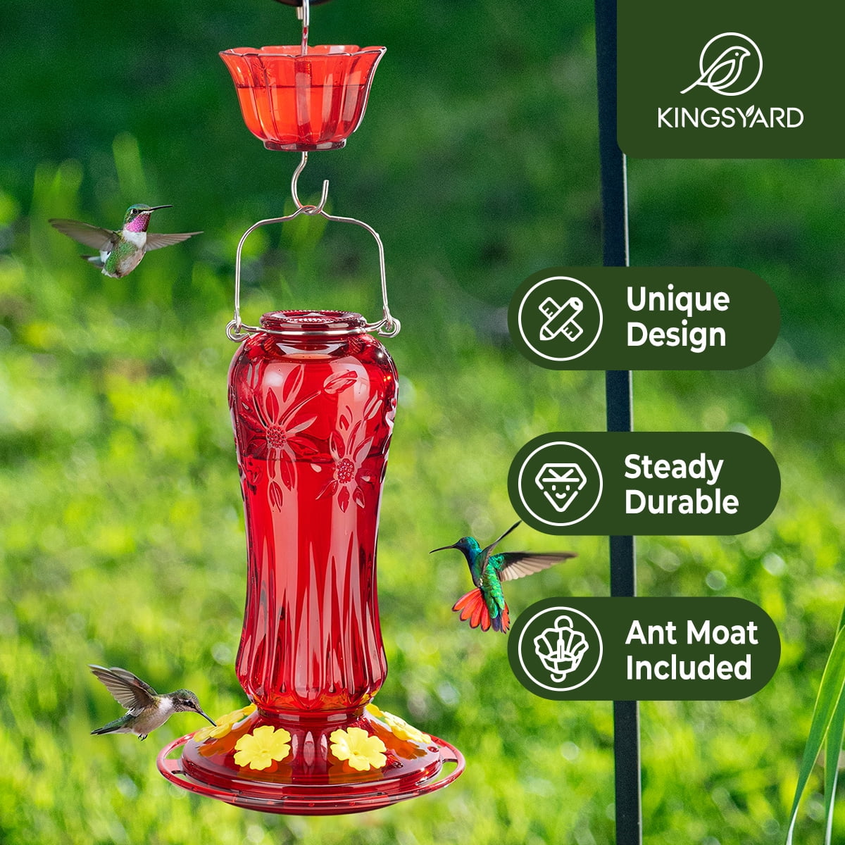 Kingsyard Hummingbird Feeder for Outdoors Hanging, 25 Ounces Leak Proof, Glass Humming Bird Nectar Feeder with Ant Moat & 6 Bee Guard Feeding Ports, Red