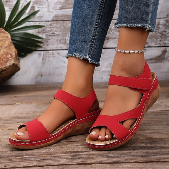 BRGZLK Leather Sandals for Womens Casual Summer Novel Solid Color Comfort Wedge Hook and Loop Open-Toe Beach Versatile Sandals Red 9.5