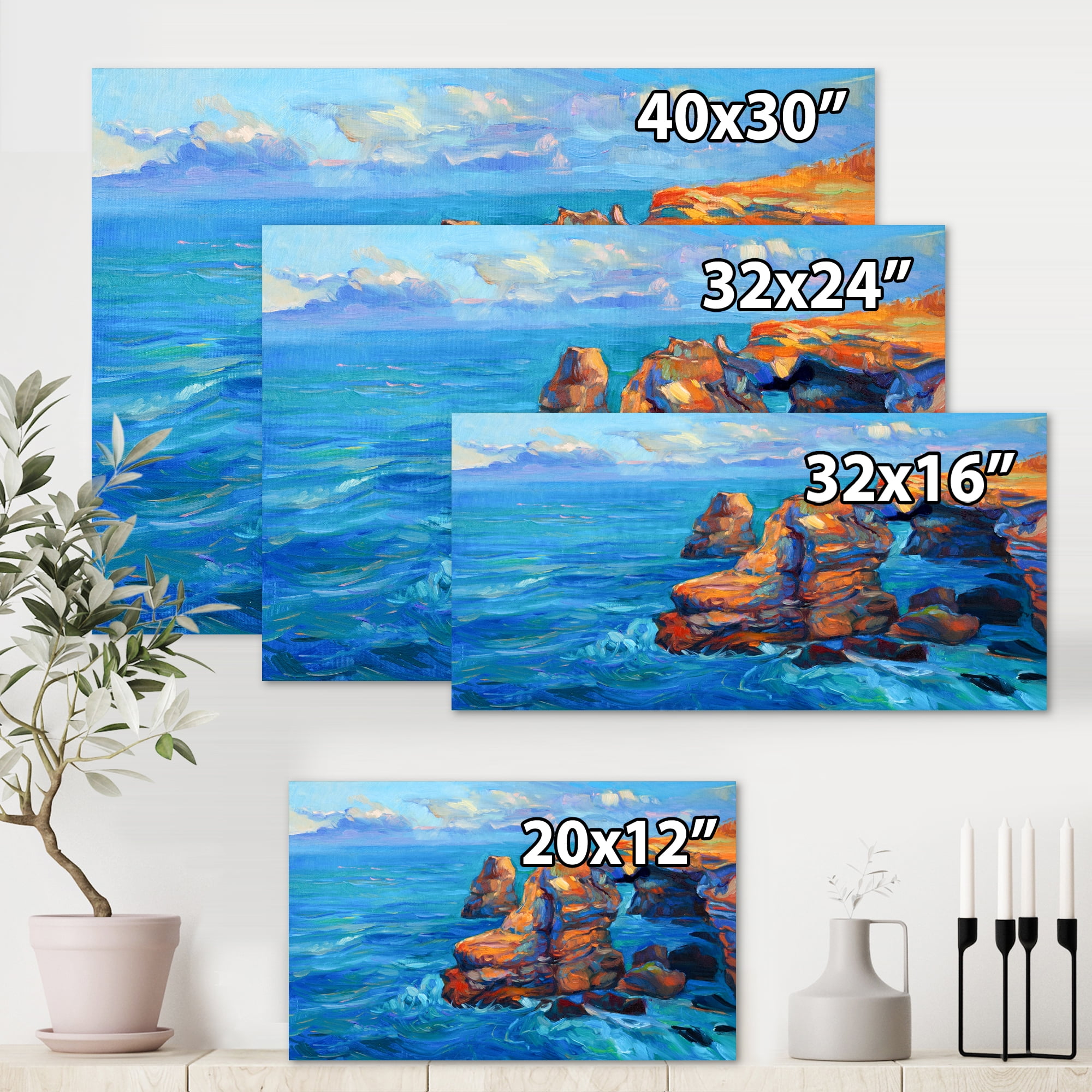 Designart ' The Blue Ocean By Rocky Cliffs ' Nautical & Coastal Canvas Wall Art Print