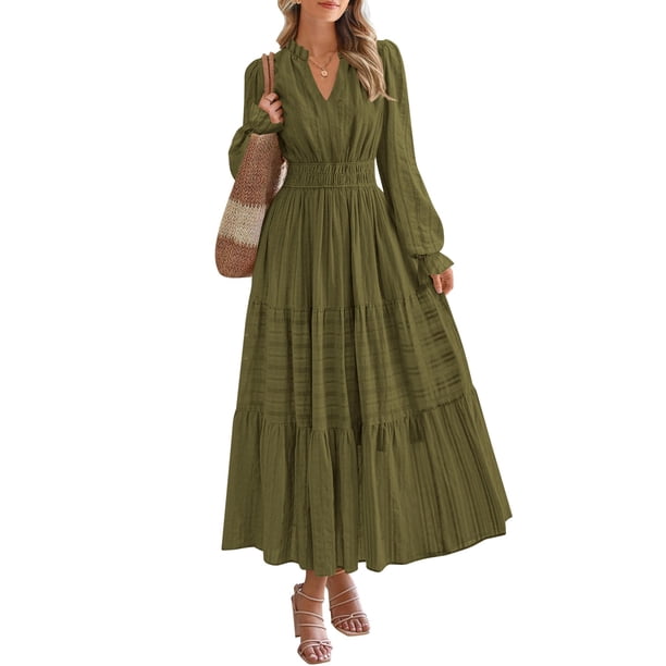 Vestido PRETTYGARDEN 2025 Otoño Maxi Verde Militar Manga Larga Cuello en V Talle S